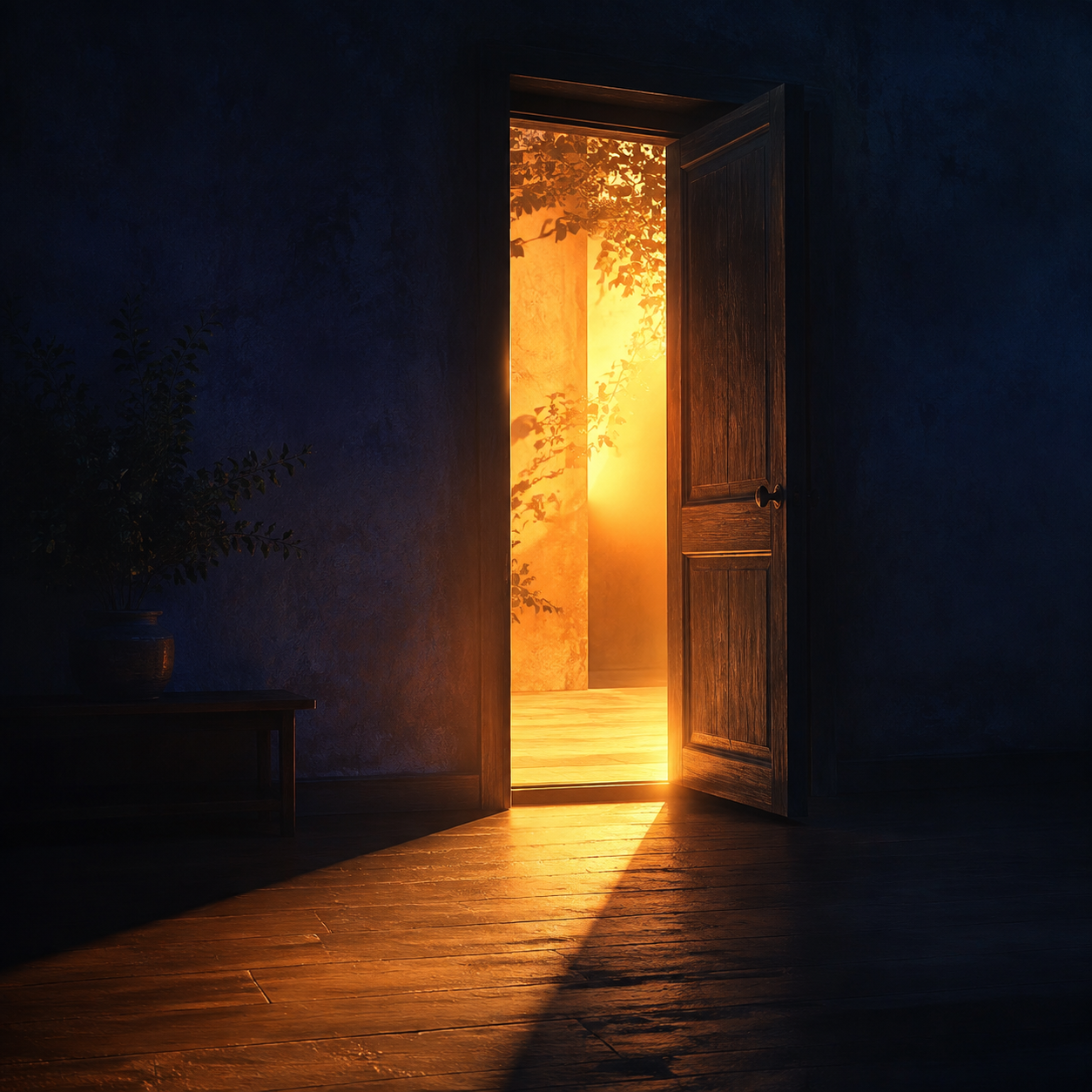 An amber doorway glowing inside a midnight-blue room