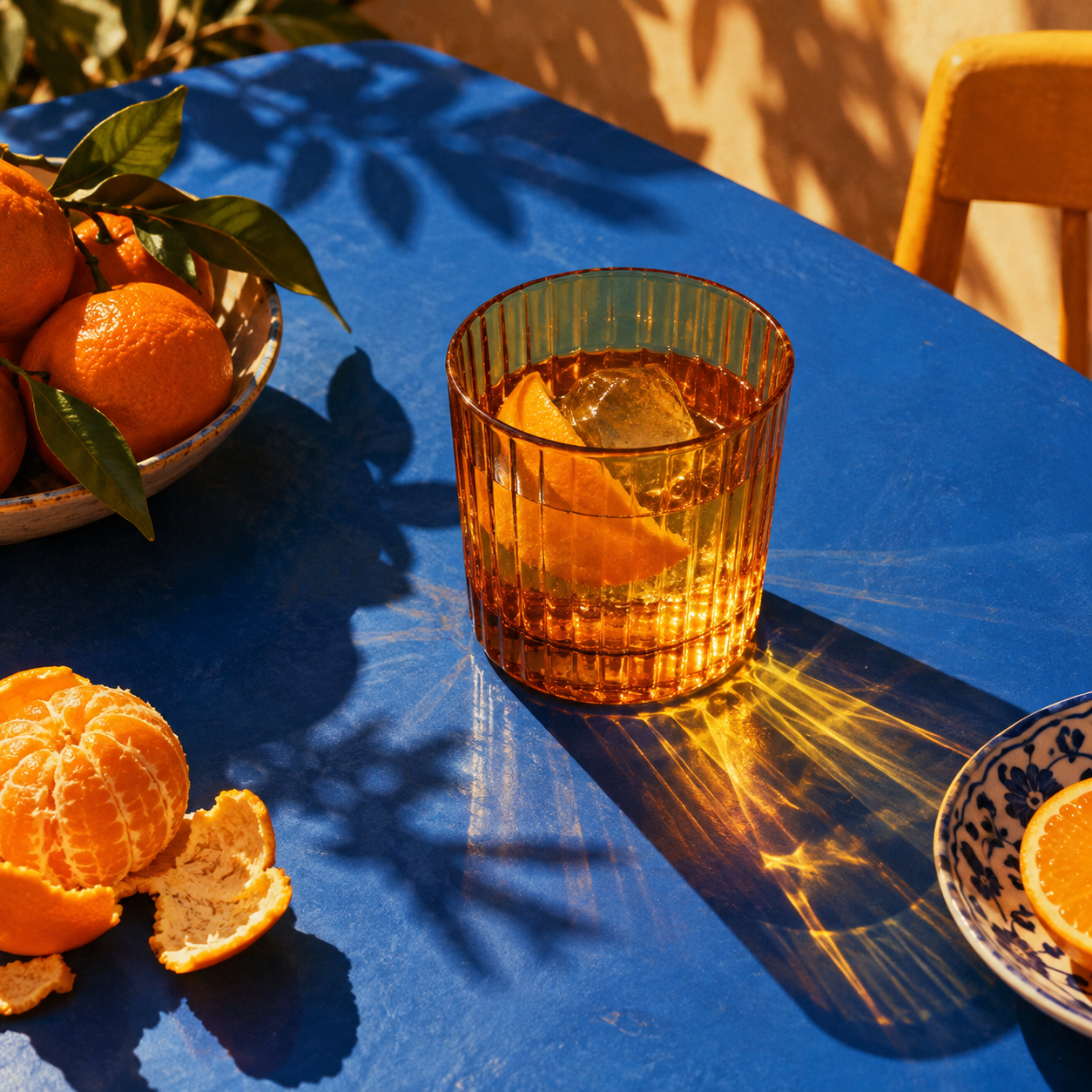 Amber sunlight and glass against a vivid cobalt-blue tabletop