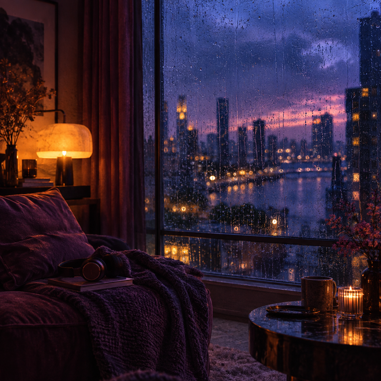 A violet apartment window at blue hour, lit by a warm lamp